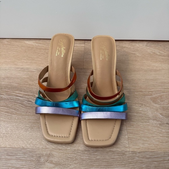 Seychelles Big Dream Rainbow Metallic Leather Heels Sz 9 Summer Bright Beachy - Picture 3 of 9